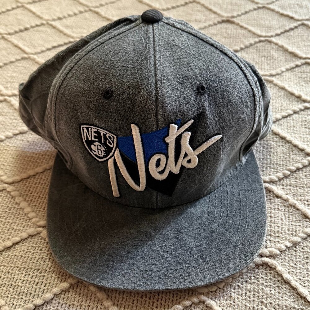 Brooklyn Nets Snapback Hat - Grey Washed Script Logo NBA